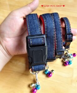 Vòng cổ cho Chó Mèo bằng vải jean 2 lớp kèm chuông lục lạc