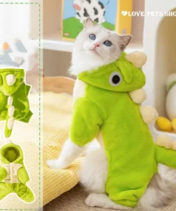 Áo khoác ấm mềm mịn cho Chó mèo hình khủng long kèm khoen móc dây dắt
