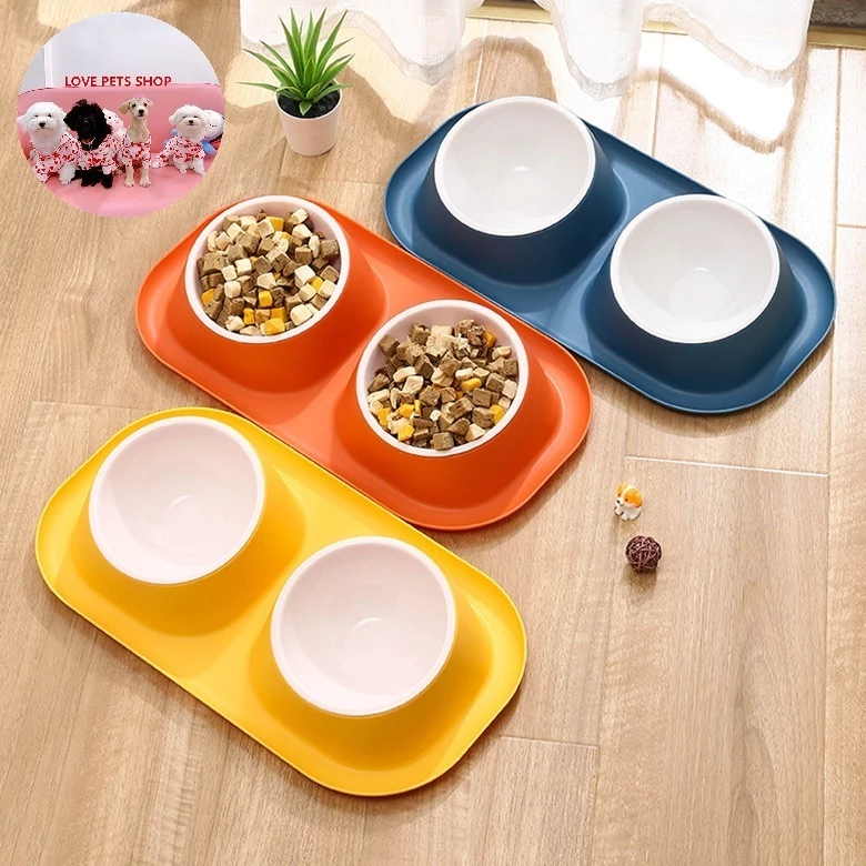 Khay chén ăn đôi chống kiến cho Chó Mèo bằng nhựa 2 ngăn